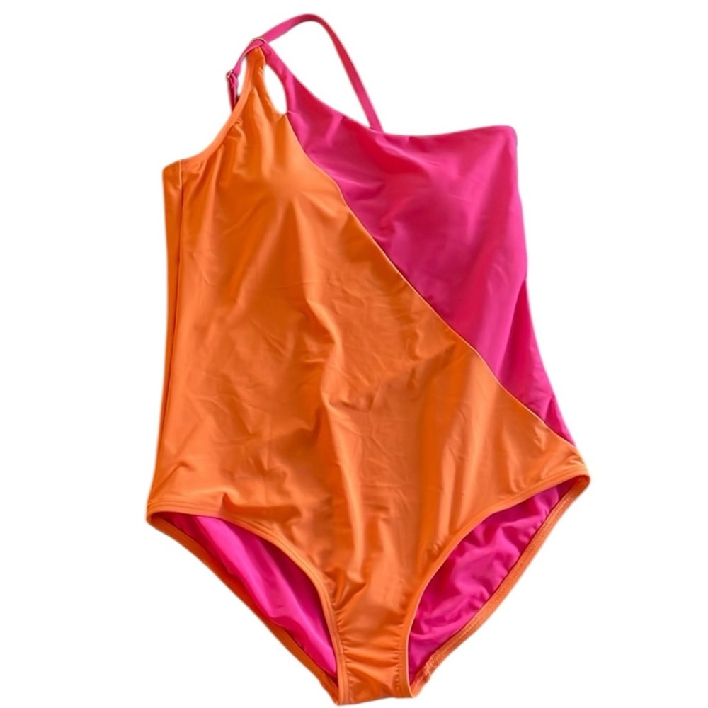 Lands' End Women's One Shoulder Pink and Orange One Piece Swimsuit - Picture 1 of 8